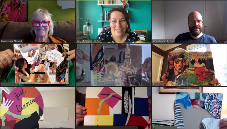 A capture of the gallery view of a Zoom teleconference call showing nine participants in an online art-making workshop. Kathy Smith is shown facilitating, and six participants are holding up the collage they made.