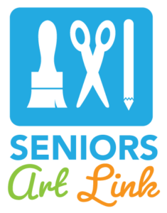 The Seniors Art Link logo, showing a brush, scissors, and pencil as white icons on a blue background with the project title below