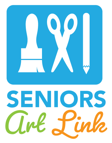 The Seniors Art Link logo, showing a brush, scissors, and pencil as white icons on a blue background with the project title below